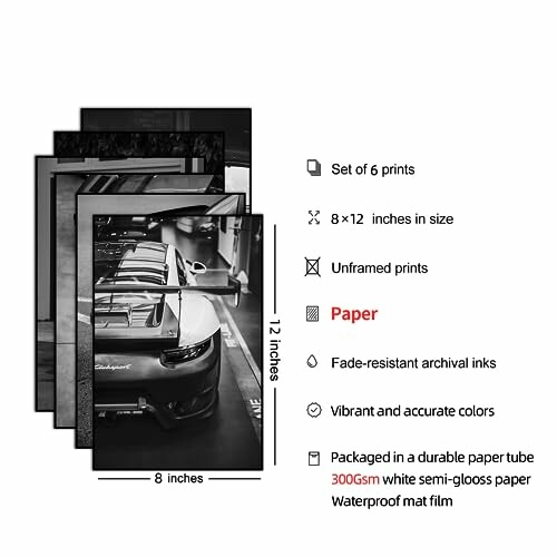 Set of 6 black and white car prints, 8x12 inches, unframed.