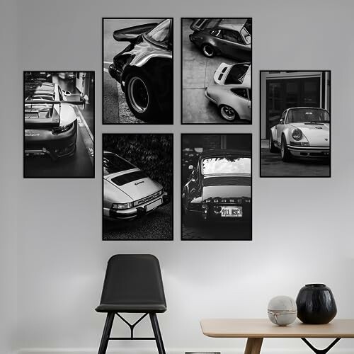 Black and white car photo collage on a wall.