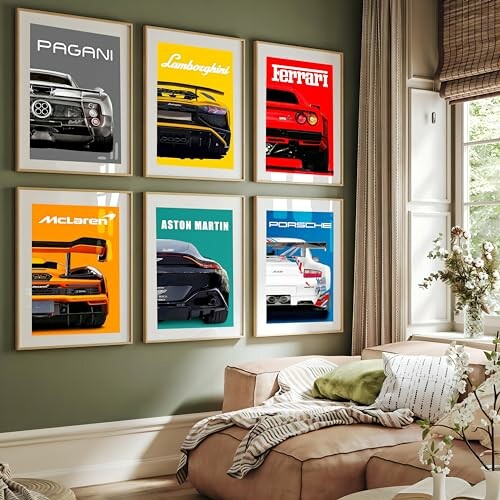 Wall with framed posters of Pagani, Lamborghini, Ferrari, McLaren, Aston Martin, and Porsche cars.